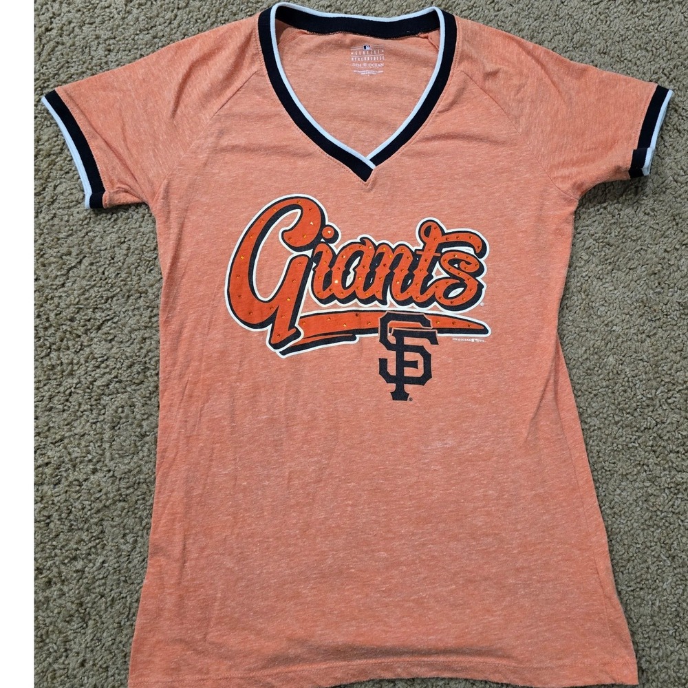 5th & Ocean San Francisco Giants MLB Womens Orange Rhinestone V-Neck T-Shirt L - Picture 1 of 6